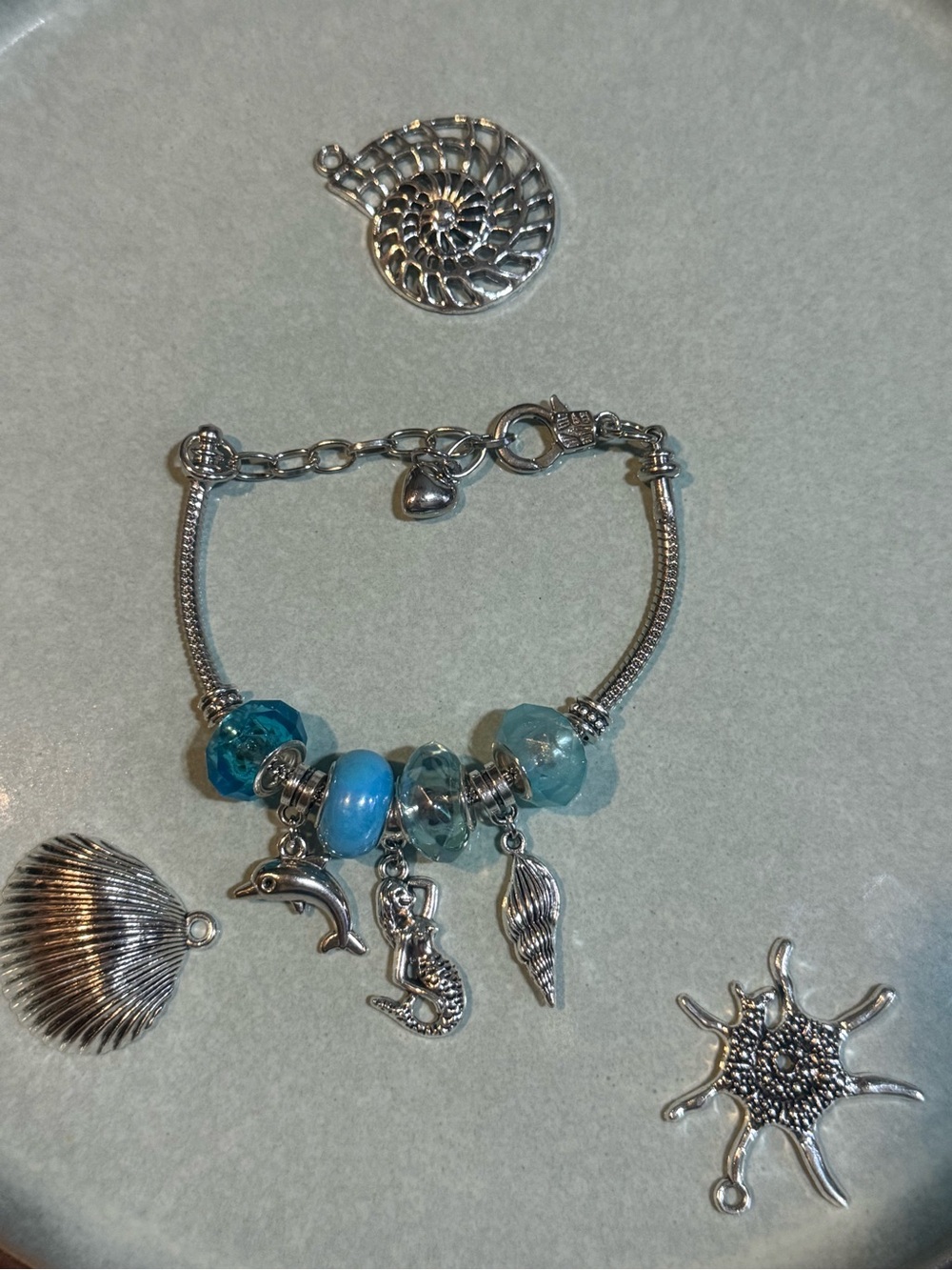 Silver-Tone Ocean Charm Bracelet with Blue and Aqua Beads